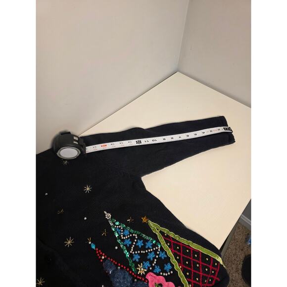 Crystal Kobe Womens XL black ugly cardigan sweater embroidered Christmas trees - Picture 5 of 7